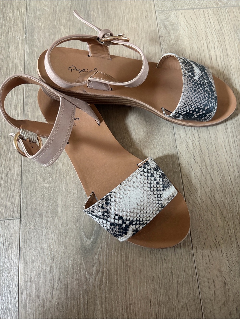 Women’s Ankle Strap Sandals in Snake Print and Nude